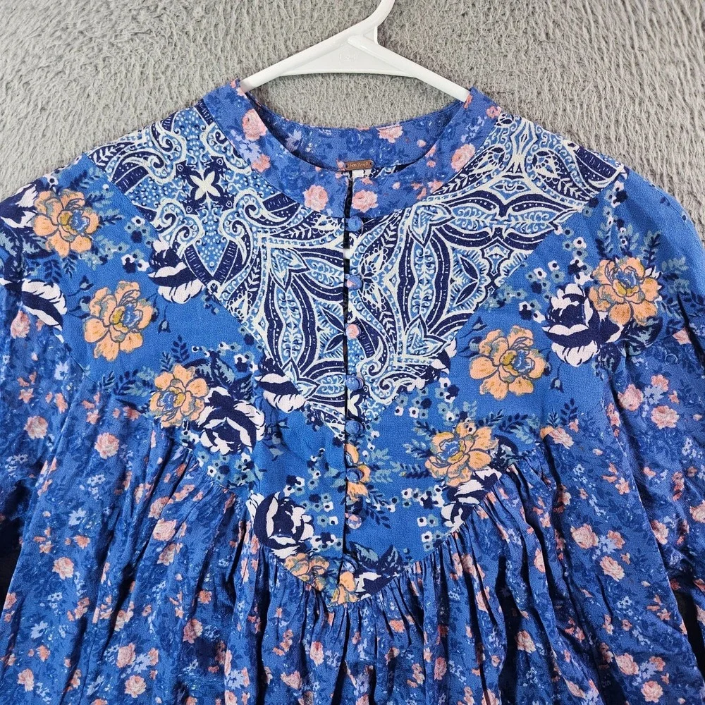 Free People Boho‎ Top Blouse Women XS Long Sleeve Floral Blue Preppy